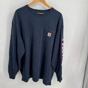 Carhartt T-Shirt Mens 2XL Long Sleeve Pocket Tee Original Fit Navy Blue Spellout